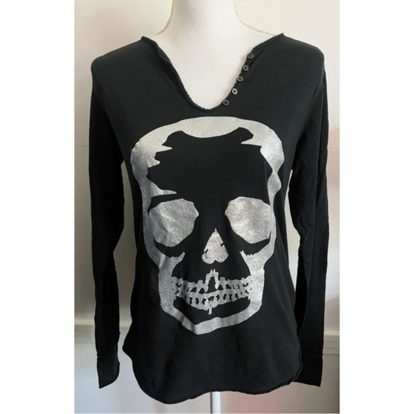 Zadig & Voltaire • Black Silver Tunisian ML Skull Glitter Tee Shirt - Picture 1 of 5